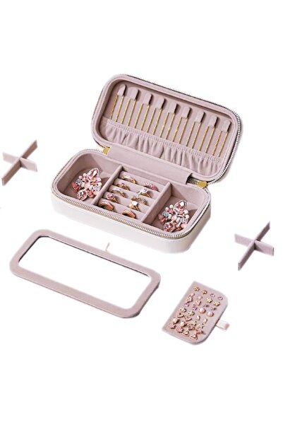 gaman Cutie de bijuterii de călătorie de lux cu 4 secțiuni - Organizator de bijuterii - Organizator portabil de bijuterii cu oglindă