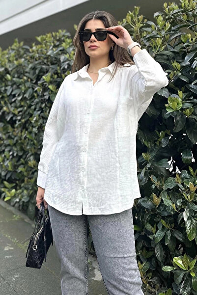STİLVİA Women's Ecru Bat Sleeve, Pocket Detail, Loose Muslin Shirt