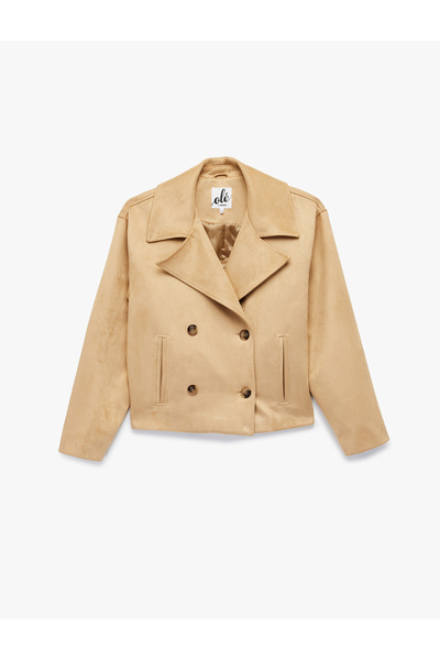 Koton Double Breasted Collar Button Pocket Detailed Long Sleeve Faux Suede Jacket