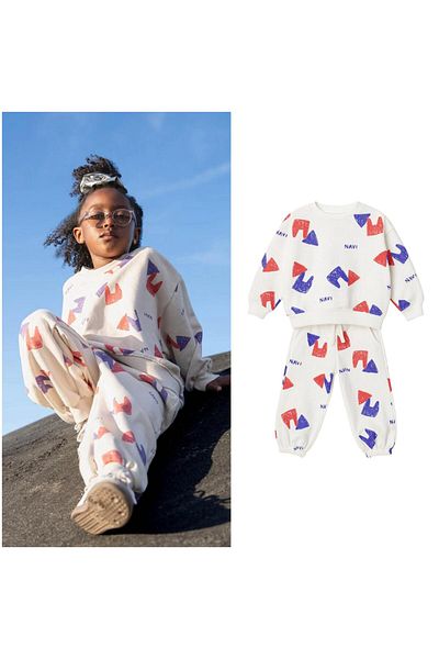 Magu Unisex Kids Cotton White Color Patterned Sweatshirt and Sweatpants Set – Red Blue Navi Printed
