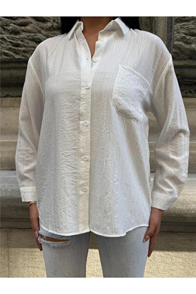 STİLVİA White Oversize Wrinkle 100% Polyester Shirt