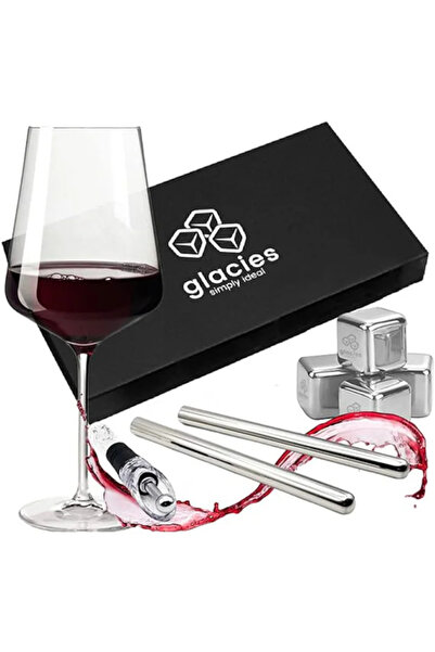 Cesiro Set Accesorii pentru vin, 5 in 1, cu 4 cuburi de gheata din otel inoxidabil, doua tije, aerator si d