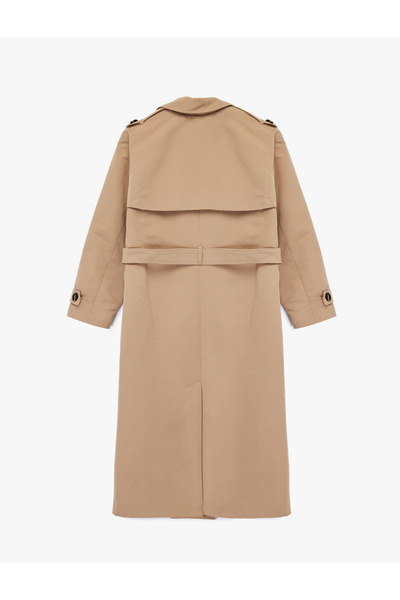 Koton Lined Long Sleeve Pocket Belted Double Breasted Gabardine Trench Coat