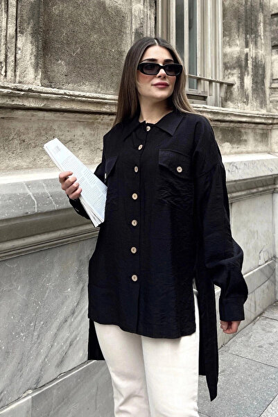 STİLVİA قميص نسائي أسود بأكمام بالون، مطوي، مشقوق، كبير الحجم، من الكتان