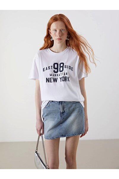 LC Waikiki Tricou de damă XSIDE alb cu decolteu cu imprimeu New York