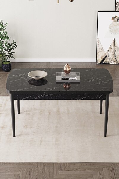 SHOOVVEL Lamina Siyah Mermer MDF 80X132 Ahşap Ayaklı Açılır Mutfak Masası, Ye...