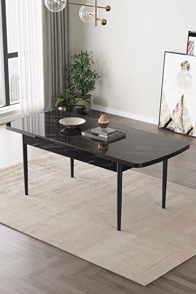 SHOOVVEL Lamina Siyah Mermer Sunta 80X132 Ahşap Ayaklı Açılır Mutfak Masası, Yemek Masası, Salon Masası