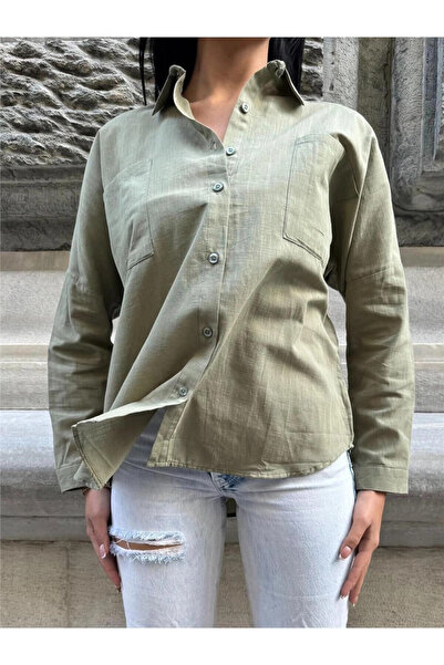 STİLVİA قميص كاكي بجيوب مزدوجة من الفسكوز مقاس كبير