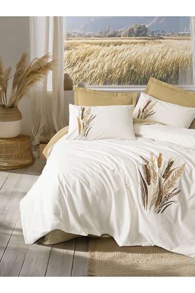 Cotton Box Embroidered Ranforce Double Duvet Cover Set Alvora Mustard