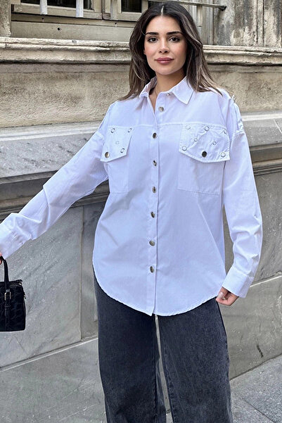 STİLVİA Women's White Epaulettes and Staple Detail, Loose Cut, Sweatproof, Po...