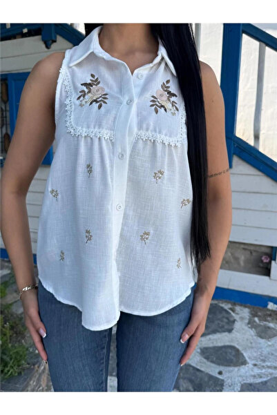 STİLVİA Ecru Embroidered Cotton Sleeveless Shirt