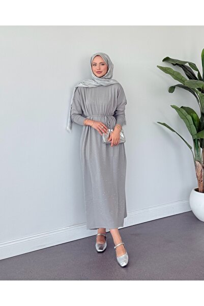 Sezi Moda Giyim Rioni Taşlı Merserize Elbise