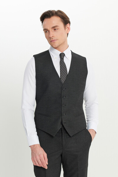 ALTINYILDIZ CLASSICS Erkek Siyah-Antrasit Slim Fit Dar Kesim Mono Yaka Kapak Cepli Yelekli Takım Elbise
