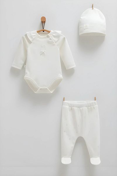 Caramell Cute Rabbi̇t Body Pants Hat Set - Ecru