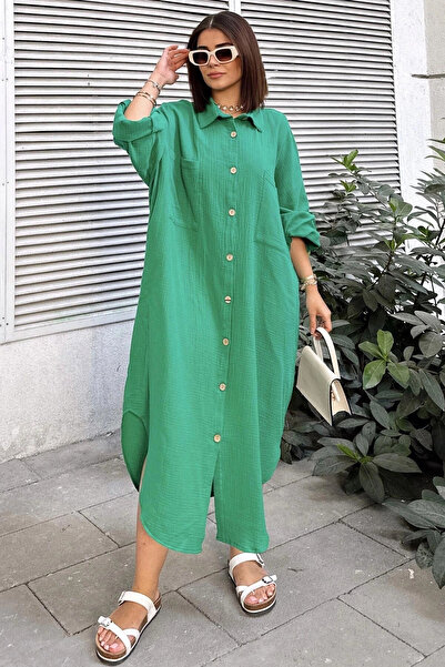 STİLVİA Γυναικείο πράσινο ύφασμα μουσελίνα, μανίκι νυχτερίδας, οβάλ φούστα, δ...