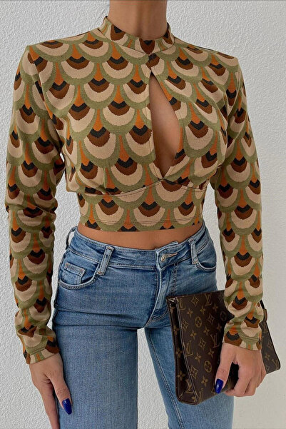 STİLVİA بلوزة نسائية منسوجة منقوشة باللون الأخضر