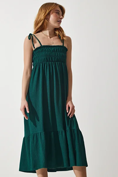 Lovelyİstanbul Crinkle Summer Knitted Dress with Strap Lub0215 Emerald Green