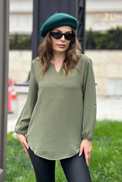 STİLVİA بلوزة نسائية كاكي بأكمام طويلة ثلاثة أرباع، ياقة قبلة، قصة أساسية - م...
