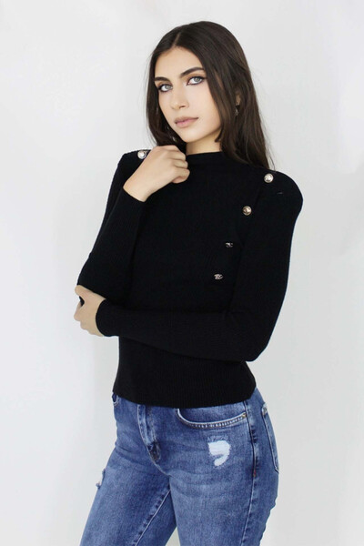 FashionForYou Μπλούζα από πλεκτό ύφασμα Lya, με ψηλό γιακά, ρίγες και μεταλλι...