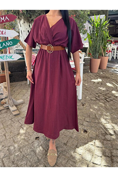 STİLVİA Burgundy Double-Breasted belted satin dress
