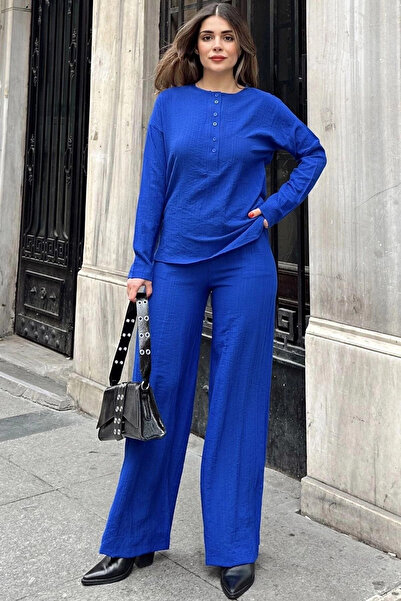STİLVİA Women's Saks Buttoned Round Neck Blouse & Wide Leg Pants with Elastic...