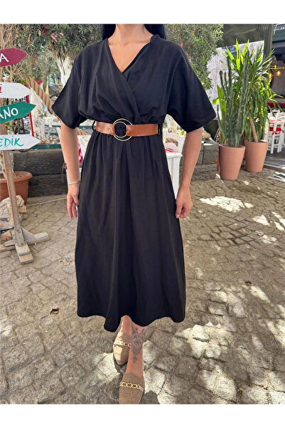STİLVİA Black Double Breasted Belted Midi Dress