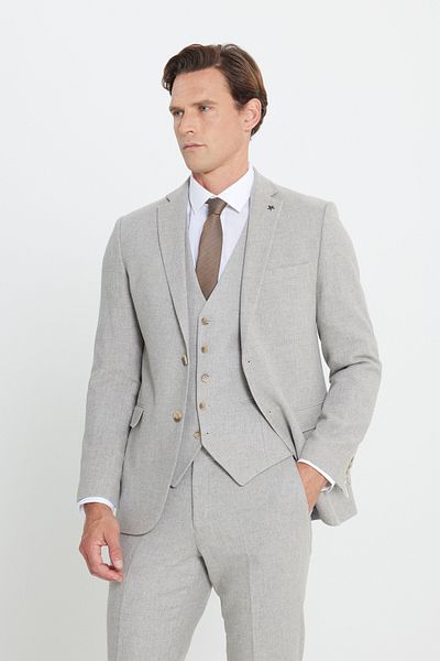 ALTINYILDIZ CLASSICS Men's Beige Woolen Slim Fit Slim Fit Mono Collar Diagonal Patterned Cover Pocket Vest Suit