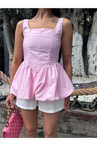 STİLVİA Pink Square Neck Balloon Sleeve Blouse