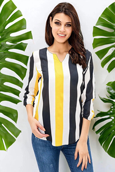 STİLVİA بلوزة نسائية من الكريب مخططة باللونين الأسود والأصفر بأكمام ثلاثة أرب...