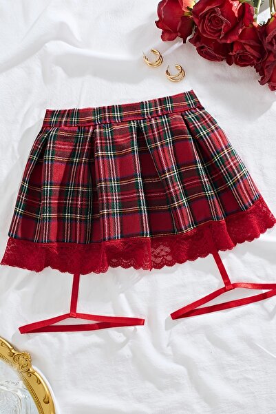 Merry See Плісирована спідниця з мереживом та шотландським візерунком, з підв'язками