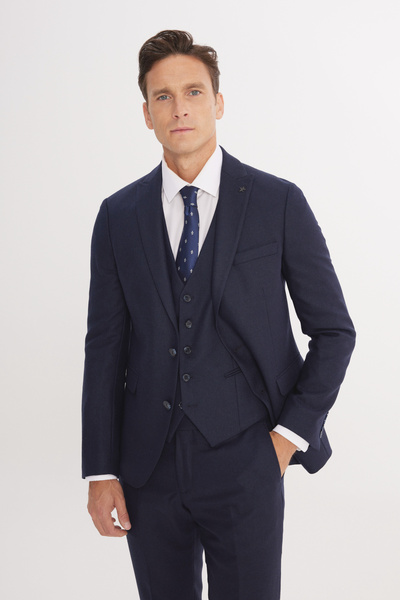 ALTINYILDIZ CLASSICS Men's Navy Blue Slim Fit Slim Fit Swallow Collar Patterned Vest Suit
