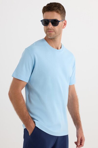 Tudors Tricou unisex Relax Fit, croială confortabilă, 100% bumbac, moale, texturat, ușor, gros, albastru, cu gâtul rotund