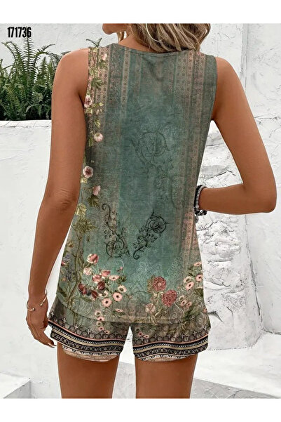 MODA Women's Double Suit | Strappy Floral Patterned Blouse and Shorts Single Jersey Fabric