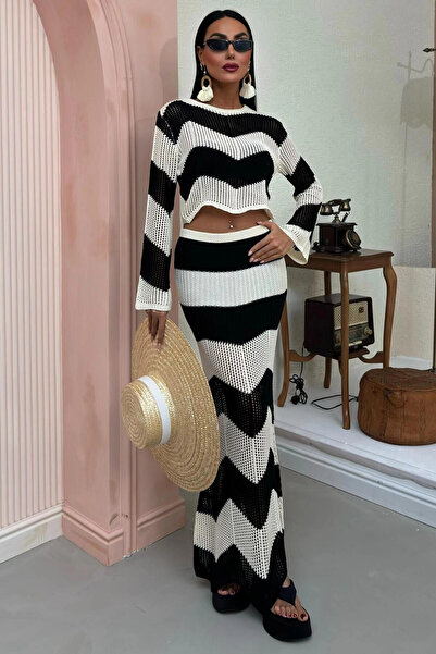 STİLVİA بدلة تريكو إكرو سوداء نسائية بأكمام طويلة إسبانية