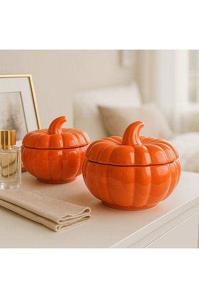 Minole Set of 2 Handmade Orange Ceramic Pumpkin Jar Storage Container, Decorative Box Home Accessory