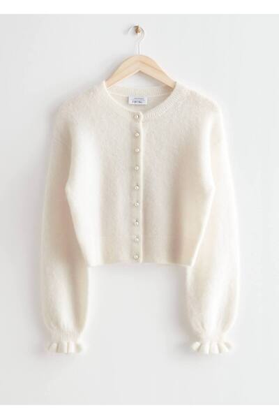 NATUFIAN STORE Women's Soft Pearl Buttoned Ruffled Sleeve Knitwear Cardigan