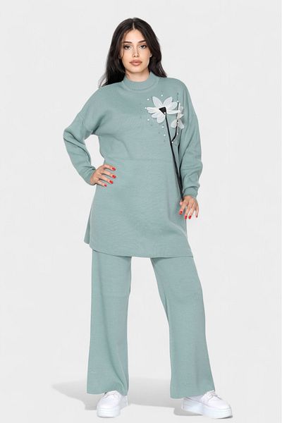 NEWCO Flower Patterned Stone Detailed Oversize Top and Wide Leg Knitwear Set Comfortable and Stylish Two-Piece Combination
