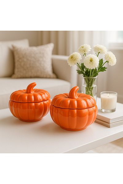 Minole Set of 2 Handmade Orange Ceramic Pumpkin Jar Storage Container, Decorative Box Home Accessory