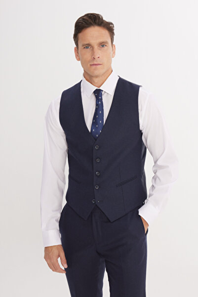 ALTINYILDIZ CLASSICS Men's Navy Blue Slim Fit Slim Fit Swallow Collar Patterned Vest Suit