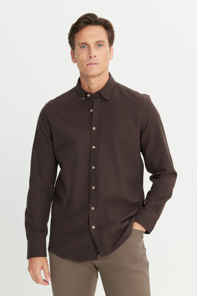 ALTINYILDIZ CLASSICS Men's Brown 100% Cotton Flannel Slim Fit Slim Fit Hidden Button Collar Shirt
