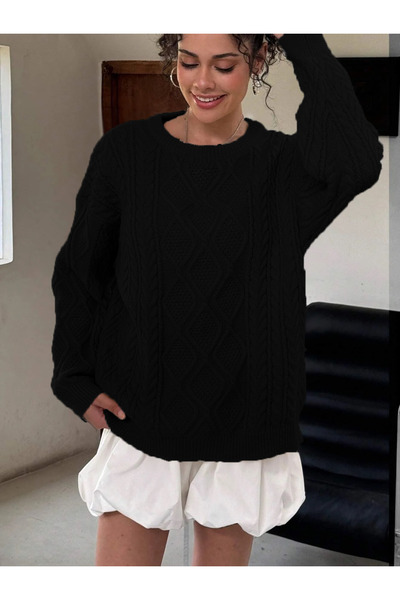 TRQOM Women's Comfortable Fit Hair Knitted Patterned Crew Neck Casual Winter Black Knitwear Sweater