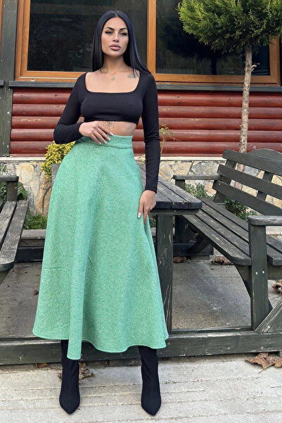 STİLVİA خصر أخضر عالي، جيوب، قطع كيلو، تنورة طويلة