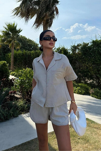 STİLVİA بدلة نسائية منسوجة من القطن بأكمام قصيرة ومزدوجة الصدر