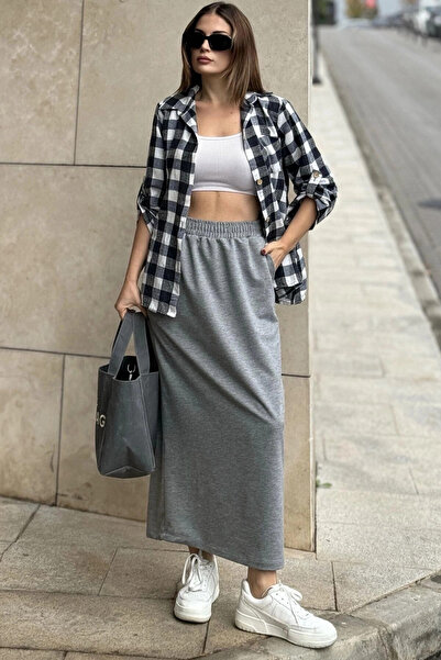 STİLVİA Women's Gray Elastic Waist, Comfortable Fit, Long Skirt with Pockets