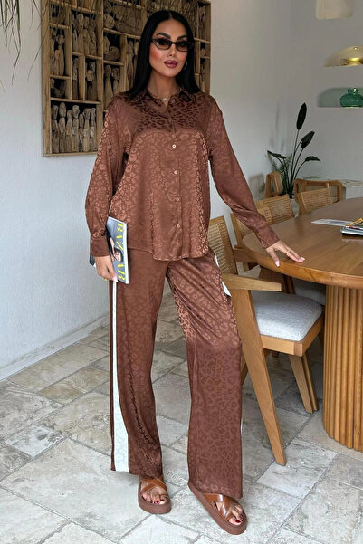 STİLVİA بدلة نسائية من قماش الجاكار الساتان البني اللامع بأكمام طويلة