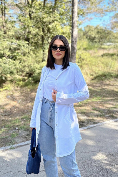 STİLVİA Kadın Beyaz Uzun Kol, Beli Lastikli, Cepli, Kapüşonlu Ceket Yağmurluk