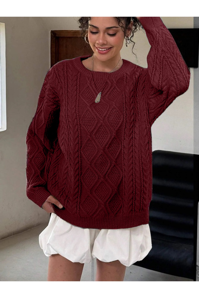 citystyle Pulover de tricotaj de iarnă, bordeaux, cu model de împletitură de păr, cu decolteu, pentru femei