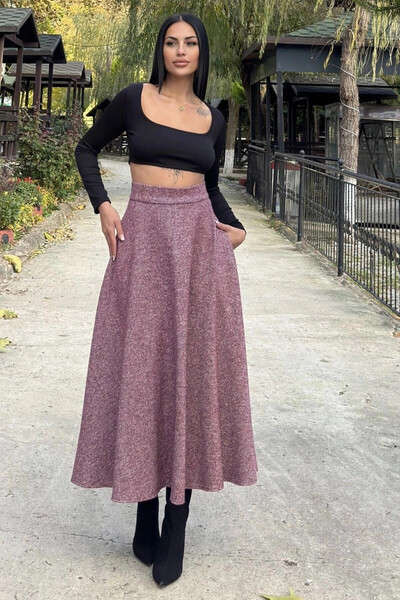 STİLVİA خصر عالي باللون العنابي، جيوب، قطع كيلو، تنورة طويلة