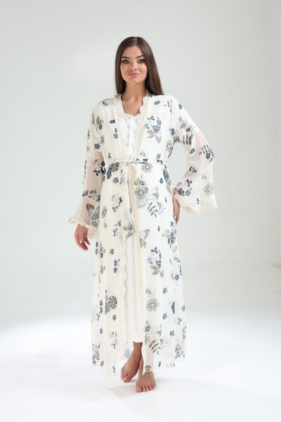 Pelin Women's Ecru Patterned Lace Detailed Maternity Nightgown Dressing Gown Set