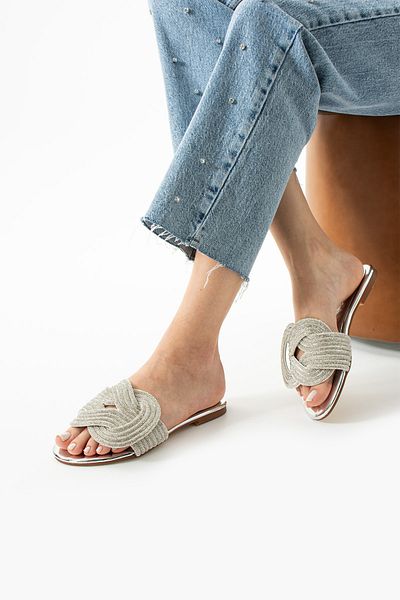 TubiBella Silver Colored Slippers with Knot Detail and Stone Pattern